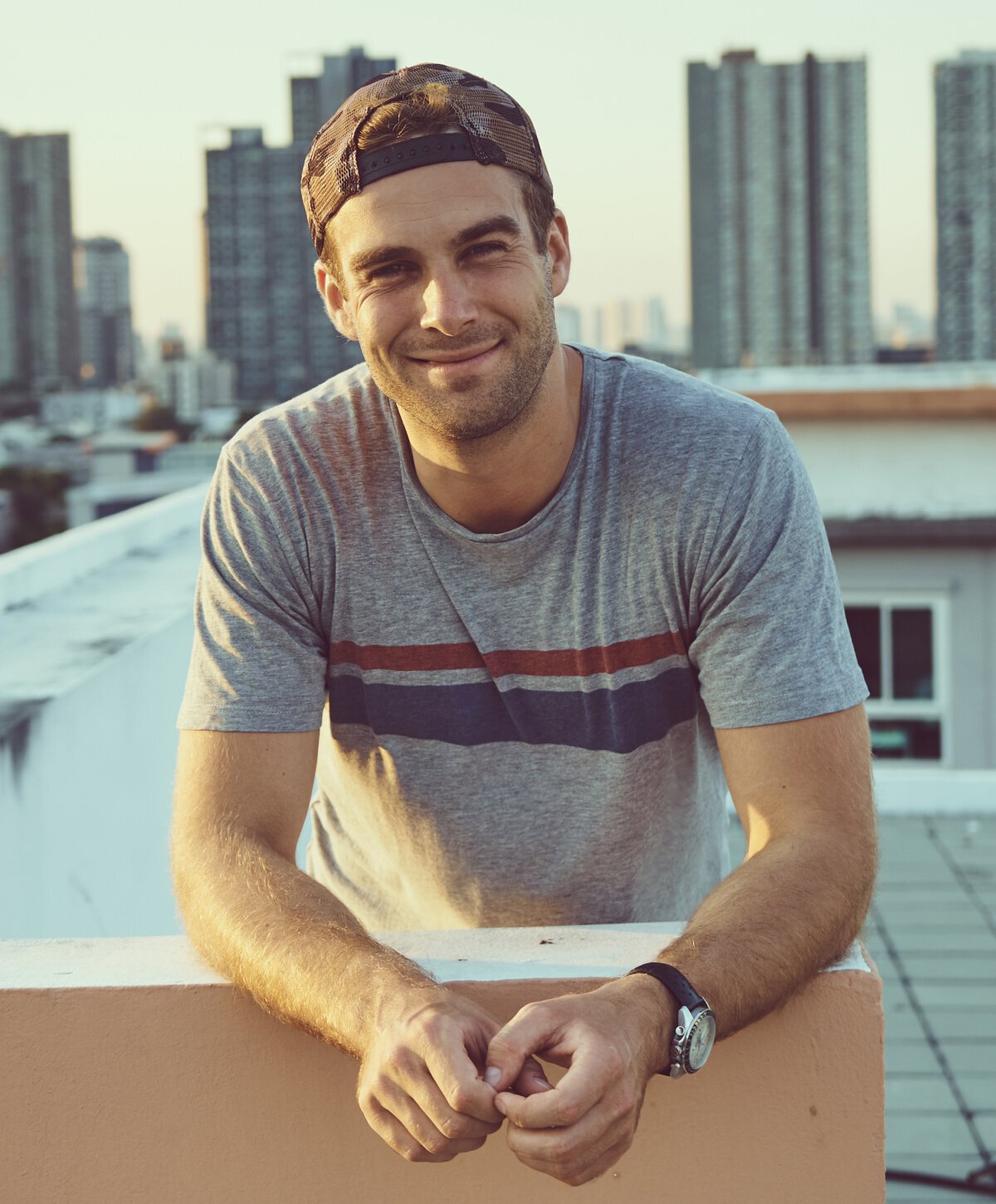 Austin Male breast reduction model leaning forward